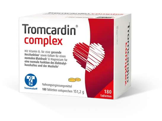 Eine Schachtel Tromcardin-Komplex-Tabletten mit Herzgrafik, die 180 Tabletten für die Gesundheit von Herz und Muskeln enthält.