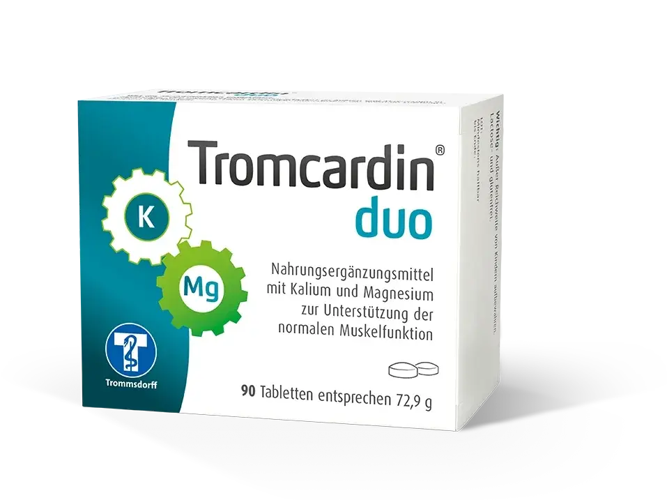 Eine Schachtel Tromcardin Duo, ein Nahrungsergänzungsmittel mit Kalium und Magnesium, enthält 90 Tabletten zur Unterstützung der Muskelfunktion.